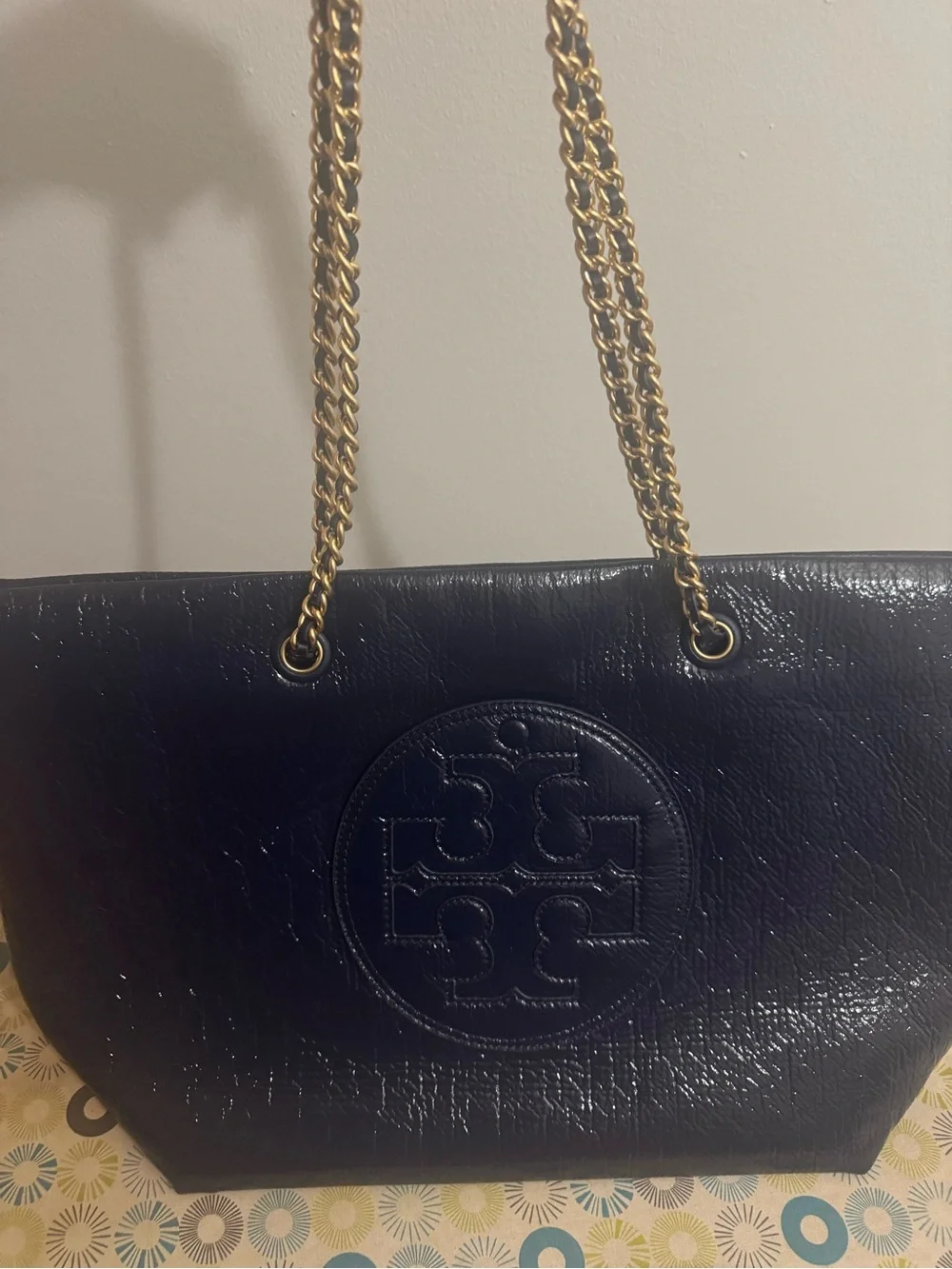 Tory Burch Navy Leather Chain-Handle Tote with Logo Medallion